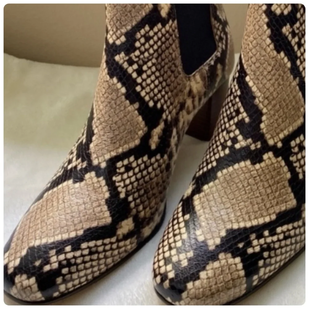NIB J Crew Leather Willa Snake Embossed  Stacked-Heeled Boots size 6.5